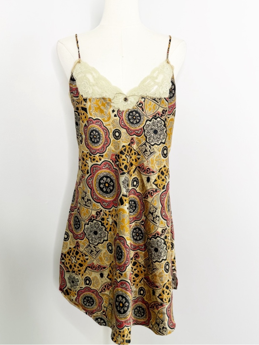 Vintage Christian Dior Lace Trim Printed Slip Dress Medium